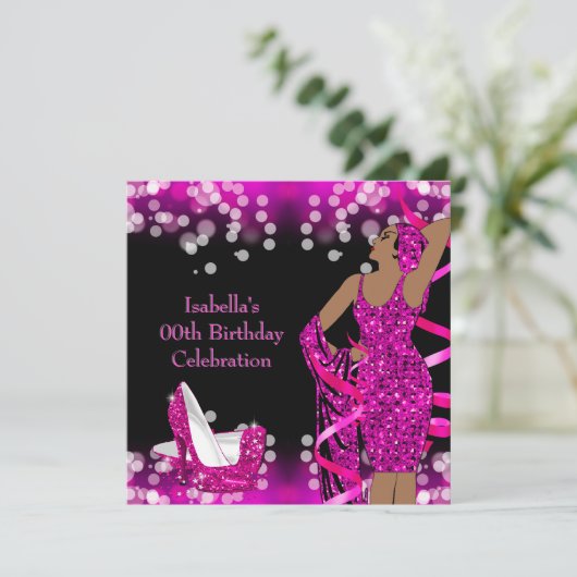 Invitation Retro Lady Parties scintillant rose chaud talons h (Debout devant)