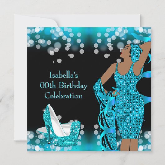 Invitation Retro Lady Parties scintillant Turquoise hauts tal (Devant)