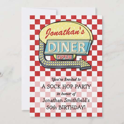 Invitation Retro les années 50 Diner Sock Hop Anniversaire Th (Devant)