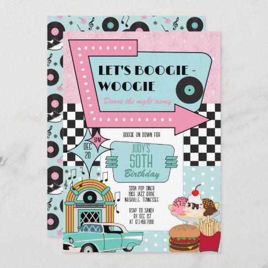 Invitation Retro les années 50 fête d'anniversaire (Devant / Derrière)