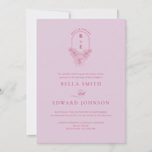 Invitation Retro Lilac Magenta Floral Monogram Crest Mariage (Devant)