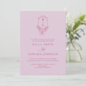 Invitation Retro Lilac Magenta Floral Monogram Crest Mariage (Debout devant)