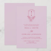 Invitation Retro Lilac Magenta Floral Monogram Crest Mariage (Devant / Derrière)