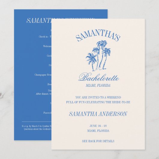 Invitation Retro Luxe Blue Beach Bachelorette Logo Girls Trip (Devant / Derrière)