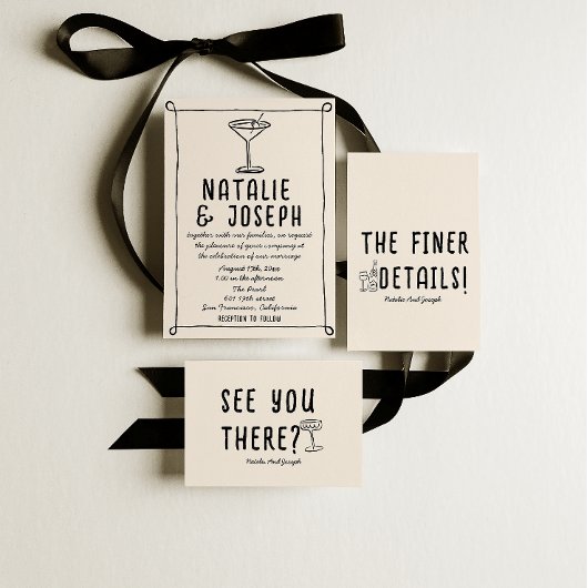 Invitation Rétro Main dessinée Cocktail Écrit Mariage Quirky