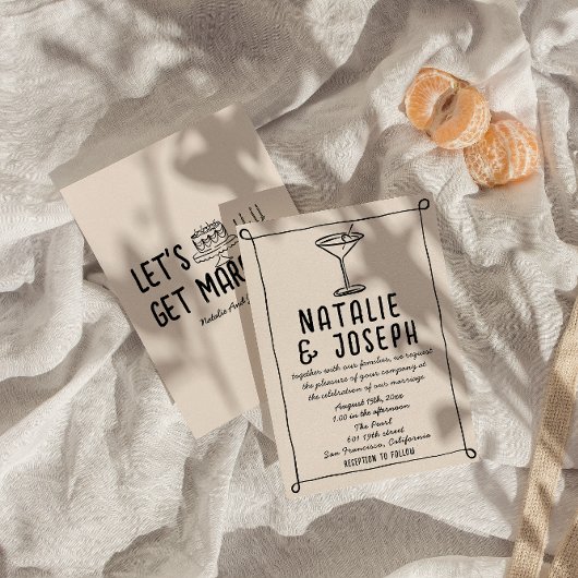 Invitation Rétro Main dessinée Cocktail Écrit Mariage Quirky