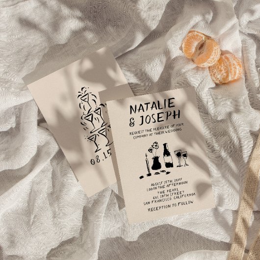 Invitation Rétro Main Drawn Champagne Écrit Mariage Quirky