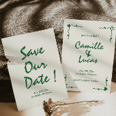 Invitation Rétro manuscrit vert lunette Enregistrer les dates