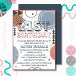 Invitation Retro Memphis Bold Shapes 21e anniversaire<br><div class="desc">Retro 80s géométrique Memphis style 21e anniversaire carte d'invitation en bleu orange gris rose. Carte d'anniversaire sans sexe avec modèle facilement modifiable pour le texte.</div>