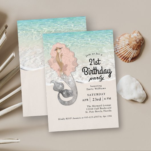 Invitation Retro Mermaid Beach Thème 21ème anniversaire