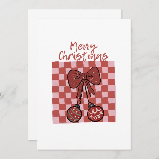 Invitation Retro Merry Christmas Bow and Ornaments Design (Devant / Derrière)