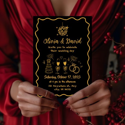 Invitation Retro minimalist hand drawn black,gold Wedding