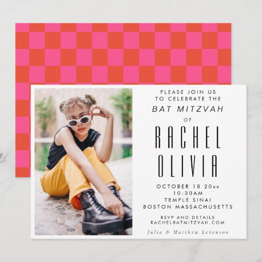 Invitation Retro Modern Chic Photo rose et rouge Bat mitzvah (Devant / Derrière)