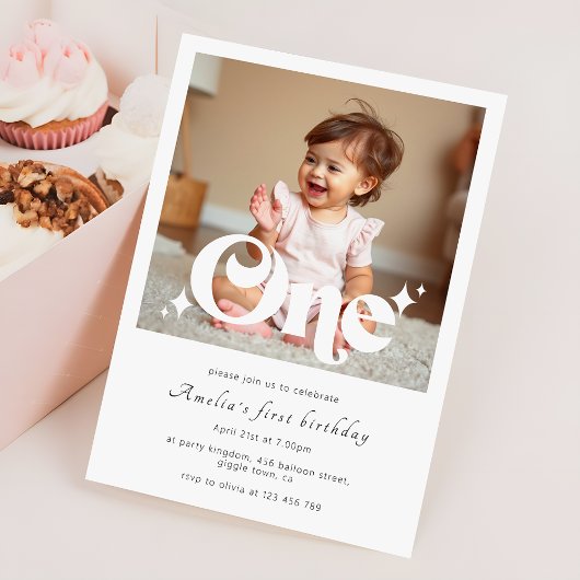 Invitation Retro Modern First Birthday Party Photo