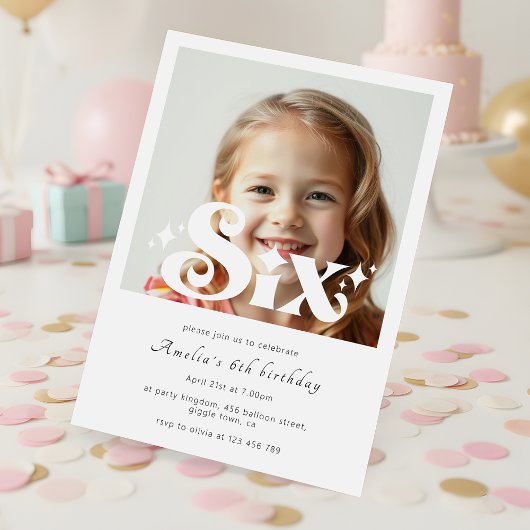 Invitation Retro Modern Minimalist 6th Birthday Photo
