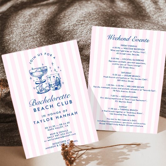 Invitation Retro Modern Pink & Blue Bachelorette Weekend