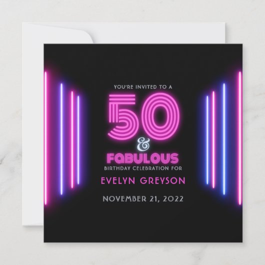 Invitation Retro Neon 50 & Fabulous 50th Birthday Party (Devant)