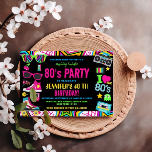 Invitation Retro Neon 80s fête d'anniversaire Vintage