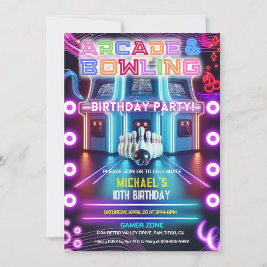 Invitation Retro Neon arcade & jeu de bowling fête d'annivers (Devant)