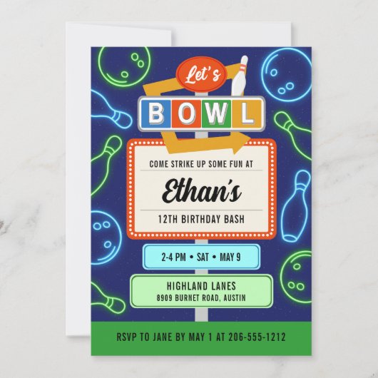 Invitation Retro Neon Bowling pour l'anniversaire  (Devant)