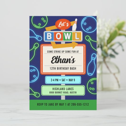 Invitation Retro Neon Bowling pour l'anniversaire  (Debout devant)