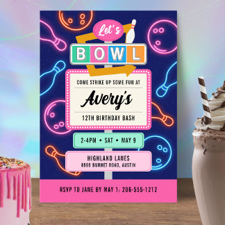 Invitation Retro Neon Bowling pour l'anniversaire 