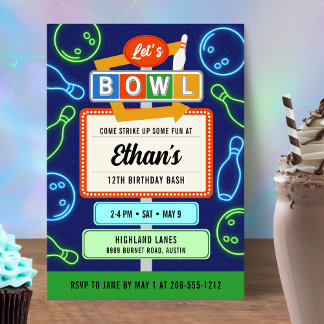 Invitation Retro Neon Bowling pour l'anniversaire 
