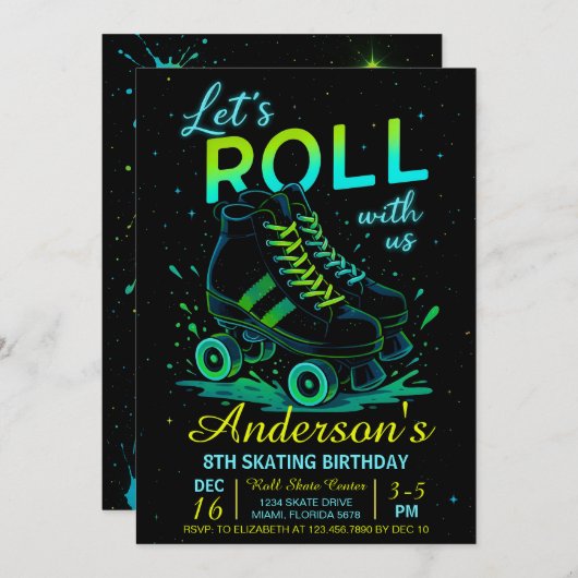 Invitation Retro Neon Roller Skate Birthday (Devant / Derrière)