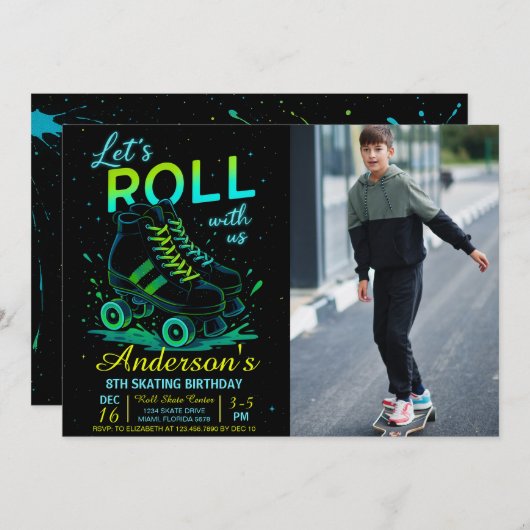 Invitation Retro Neon Roller Skate Birthday Photo (Devant / Derrière)
