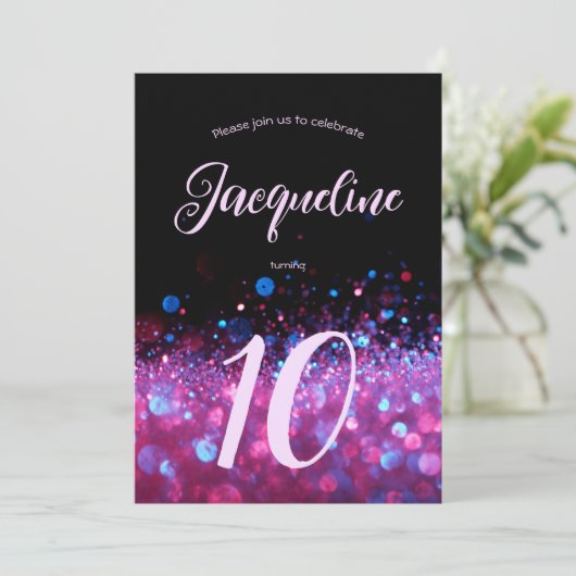 Invitation Retro Neon rose Parties scintillant Llow Script 10 (Debout devant)
