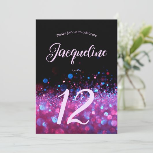 Invitation Retro Neon rose Parties scintillant Llow Script 12 (Debout devant)