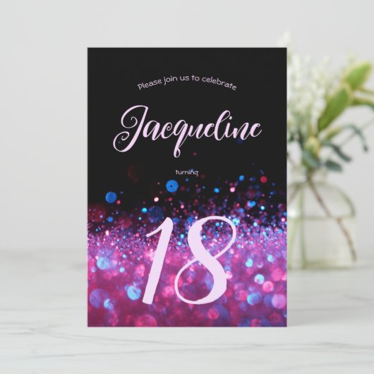 Invitation Retro Neon rose Parties scintillant Llow Script 18 (Debout devant)