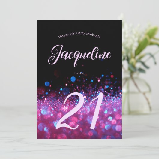 Invitation Retro Neon rose Parties scintillant Llow Script 21 (Debout devant)