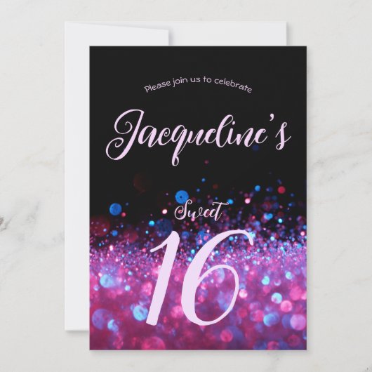 Invitation Retro Neon rose Parties scintillant Script Sweet 1 (Devant)