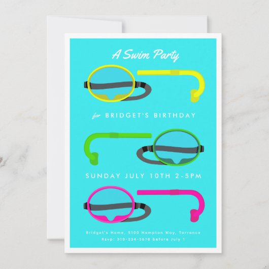 Invitation Retro Neon Snorkels Summer Swim Party (Devant)