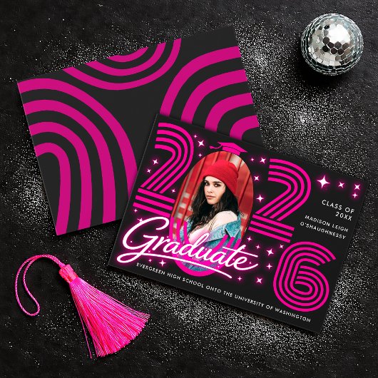 Invitation Retro Neon Typography Photo Graduate Announcement