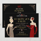 Invitation Rétro noir rouge de parties scintillantes d'or (Devant / Derrière)