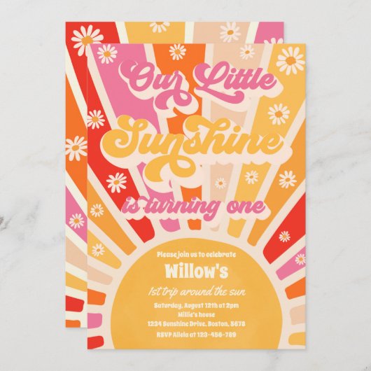 Invitation Retro Notre Petit Soleil 1ère fête d'anniversaire (Devant / Derrière)