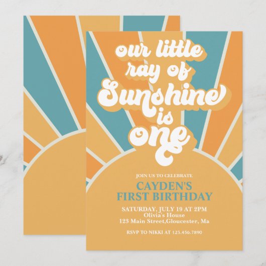 Invitation Rétro Notre Petit Soleil Garçon Premier Anniversai (Devant / Derrière)