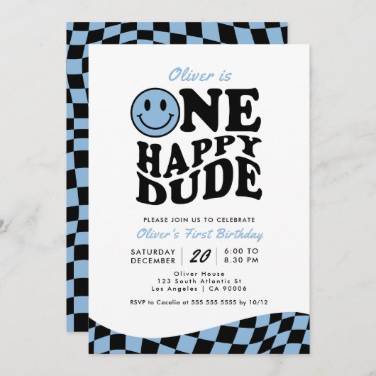 Invitation Retro One Happy Dude Blue Smile Face 1er anniversa (Devant / Derrière)