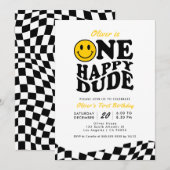 Invitation Retro One Happy Dude Smile Face Boy 1er anniversai (Devant / Derrière)