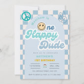 Invitation Retro One Happy Dude Super garçon 1er anniversaire (Devant)
