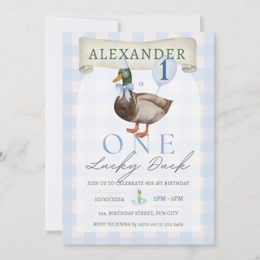 Invitation Retro One Lucky Duck 1er anniversaire En vichy ble (Devant)