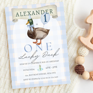 Invitation Retro One Lucky Duck 1er anniversaire En vichy ble