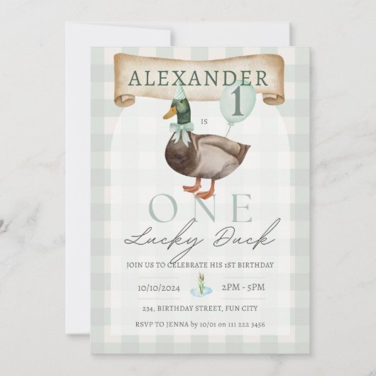Invitation Retro One Lucky Duck 1er Anniversaire Vert En vich (Devant)