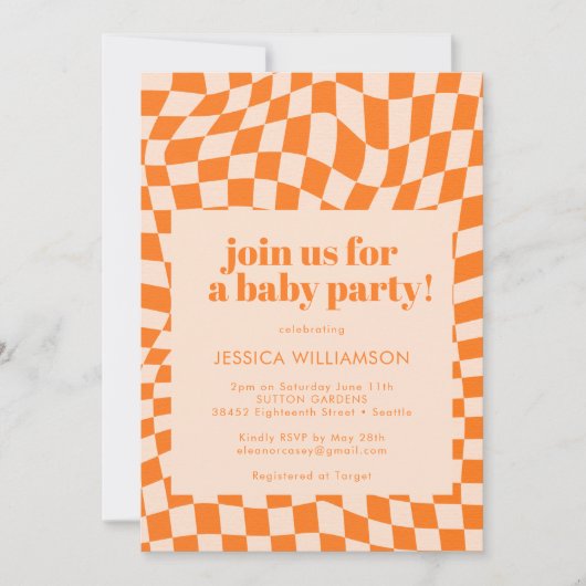 Invitation Retro Orange Abstrait Checker géométrique Baby (Devant)