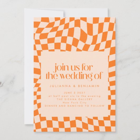 Invitation Retro Orange Abstrait Checkerboard Mariage site We (Devant)