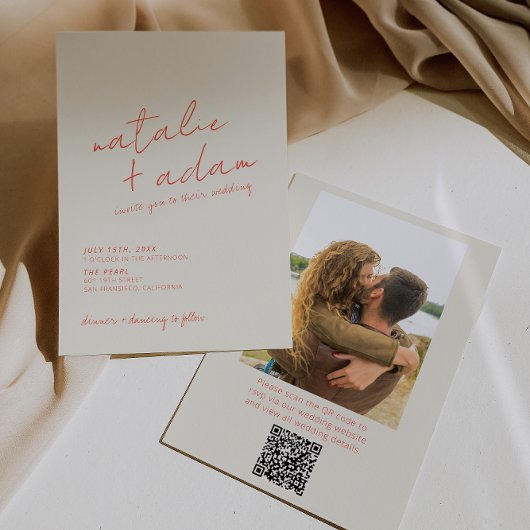 Invitation Retro Orange Fun Whimsical QR Code Photo Wedding
