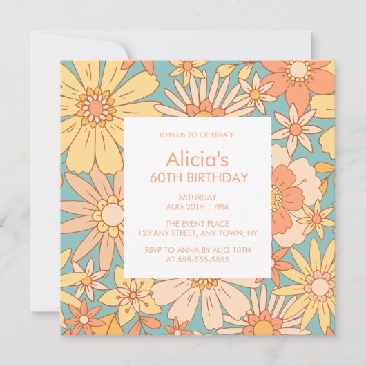 Invitation Retro Orange Peach Botanical Green 60e Anniversair (Devant)