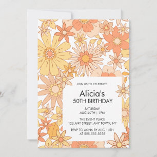 Invitation Retro Orange Peach Flora Motif 50e anniversaire